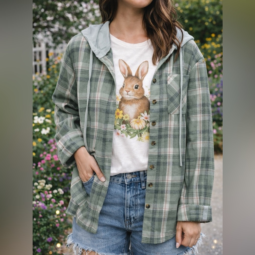 Lightweight Hooded Plaid Flannel Button Front Shirt Sage Green - Picture 3 of 7